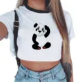 Lindo crop top de manga corta con estampado de panda, camiseta casual de cuello redondo. - S / Blanco
