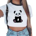 Top corto blanco lindo con estampado de panda de dibujos animados, camiseta de verano. - S / Blanco