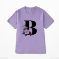 Paars korte mouw t-shirt met bloemletter B print, casual katoenen zomertop voor dames. - S / Paars (Letter B)