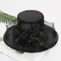 Black organza sun hat for women summer wide brim floral mesh beach hat elegant dress hat - One Size (Adjustable) / 202 Solid Color Black