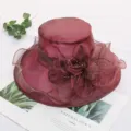 Burgundy organza sun hat for women, elegant floral mesh beach hat, summer sun protection. - One Size (Adjustable) / Solid Color 202 - Wine Red