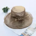 Women summer gold organza sun hat elegant floral beach floppy hat for holiday vacation UV protection - One Size (Adjustable) / Solid Color 202 - Khaki