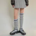 College style knit leg warmers grey slouch socks with blue brown stripes for women fall winter - One Size / Light Gray