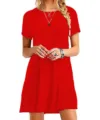 Mujer vestido corto rojo liso manga corta cuello redondo casual línea a verano detalles. - S / Rojo