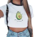 Women casual short sleeve crop top featuring cute avocado print white t-shirt fashion. - S / Style 1