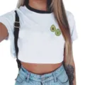 Cute avocado print crop top detail showing the stylish ringer collar and soft white cotton fabric. - S / Style 2