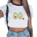 Detail shot of cute avocado print women crop top t-shirt showing front graphic design. - S / Style 4