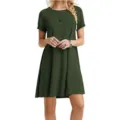 Vestido mujer casual manga corta cuello redondo color sólido mini vestido verano nuevo - S / Verde Militar