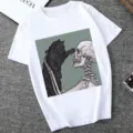White short sleeve t-shirt with aesthetic black cat and skeleton graphic print for women. - XS / Tops / 21052