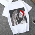 Fashionable casual white short sleeve t-shirt with a unique cat and skull graphic print. - XS / Tops / 21053