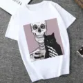 Casual white short-sleeve t-shirt featuring a cool skeleton and black cat graphic print. - XS / Tops / 21054