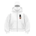 White full-zip hoodie with built-in balaclava mask and floral letter graphic streetwear. - Letter I Print