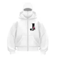 Close-up detail of the white zip-up hoodie featuring a mask hood and floral letter J print. - Letter J Print