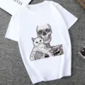 White graphic t-shirt featuring a skeleton hugging a cat print, casual short sleeve top. - XS / Tops / 21056