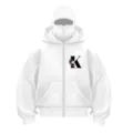 White full-zip hoodie with integrated mask and floral letter K print streetwear fashion. - Letter K Print