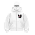 Y2K streetwear white full-zip hoodie with unique face mask hood and floral letter M print. - Letter M Print