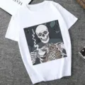 Casual white short sleeve women t-shirt featuring skeleton and cat graphic print design. - XS / Tops / 21058