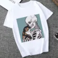 Casual white women's t-shirt featuring a unique skeleton and cat graphic print design. - XS / Tops / 21059