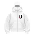 Unisex white full-zip hooded sweatshirt with mask design, floral letter O graphic Y2K streetwear. - Letter O Print