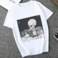 Casual white short-sleeve t-shirt for women featuring a cool skeleton and cat graphic print. - XS / Tops / 21061