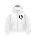 Detail view of white fleece hoodie with built-in mask hood and floral letter graphic print. - Letter Q Print