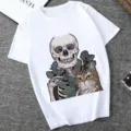 Women's white short sleeve t-shirt featuring a unique gothic skull and cat graphic print. - XS / Tops / 21062