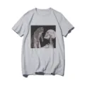 Grey short sleeve t-shirt featuring a unique artistic cat and skull graphic print on front. - S / Tops / Gray 21048