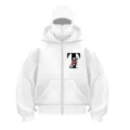 White fleece-lined zip-up hoodie featuring floral letter T and integrated mask hood. - Letter T Print