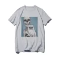 Casual grey short sleeve t-shirt featuring a creative vintage skull and cat graphic print. - S / Tops / Gray 21049