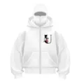 Detailed view of white zip-up hoodie featuring unique built-in mask hood and floral U print. - Letter U Print