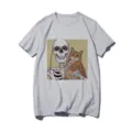 Casual grey short-sleeve t-shirt featuring a unique skeleton and cat graphic print. - S / Tops / Gray 21050
