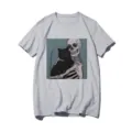 Close-up detail of the skeleton and black cat graphic print on the casual grey t-shirt fabric. - S / Tops / Gray 21051