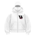 White Y2K full-zip hoodie featuring built-in mask hood and floral W chest graphic detail. - Letter W Print