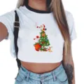 Vrouwen Kerstmis print crop t-shirt korte mouw wit casual zomer top kleding mode - S / 911