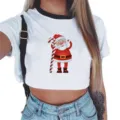 Vrouwen Witte Crop Top Kerst Kerstman Print Korte Mouw T Shirt Casual Vakantie Shirt - S / Model 913