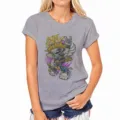 Camiseta gris de mujer de manga corta cuello redondo con estampado de calavera rocker - S / Gris