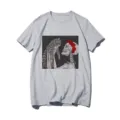 Grey short sleeve t-shirt featuring a unique gothic cat and skull rose graphic print design. - S / Tops / Gray 21053