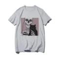 Close-up detail of the graphic print showing a skeleton holding a black cat on grey fabric. - S / Tops / Gray 21054