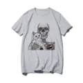 Gray women's short sleeve T-shirt featuring a unique skeleton and cat graphic print design. - XS / Tops / Gray 21056