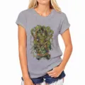 Detalle de camiseta gris mujer con diseño gráfico de calavera verde y tela muy suave. - S / Gris