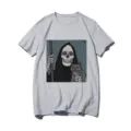 Casual grey short sleeve t-shirt featuring a unique grim reaper and cat graphic print. - S / Tops / Gray 21057