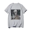 Casual gray short sleeve t-shirt featuring a stylish skeleton and cat graphic print. - S / Tops / Gray 21058