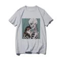 Close-up detail of the graphic print featuring a skeleton hugging a cat on the grey tee. - S / Tops / Gray 21059