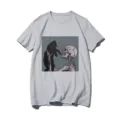 Grey short-sleeve women t-shirt featuring skeleton and black cat graphic print for casual wear. - S / Tops / Gray 21060