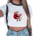 Vrouwen Kerst Kerstman print korte mouw crop t-shirt wit detail weergave overzicht - 927