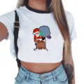 Dames mode korte mouw crop top met schattige Kerstman print ronde hals zomer t-shirt - 931