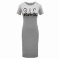 Grey short sleeve midi dress featuring cute black cats print, casual crew neck slim fit design. - S / Gray