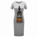 Grey short sleeve midi dress with cute black cat and pumpkin Halloween graphic print. - S / Gray