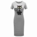 Women casual grey short sleeve midi dress with cute black cat graphic print summer wear - S / Gray
