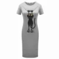 Grey short sleeve midi dress with funny black cat print casual summer wear for women - S / Gray
